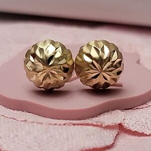 14K Solid Yellow Gold Etched Dome Stud Earrings